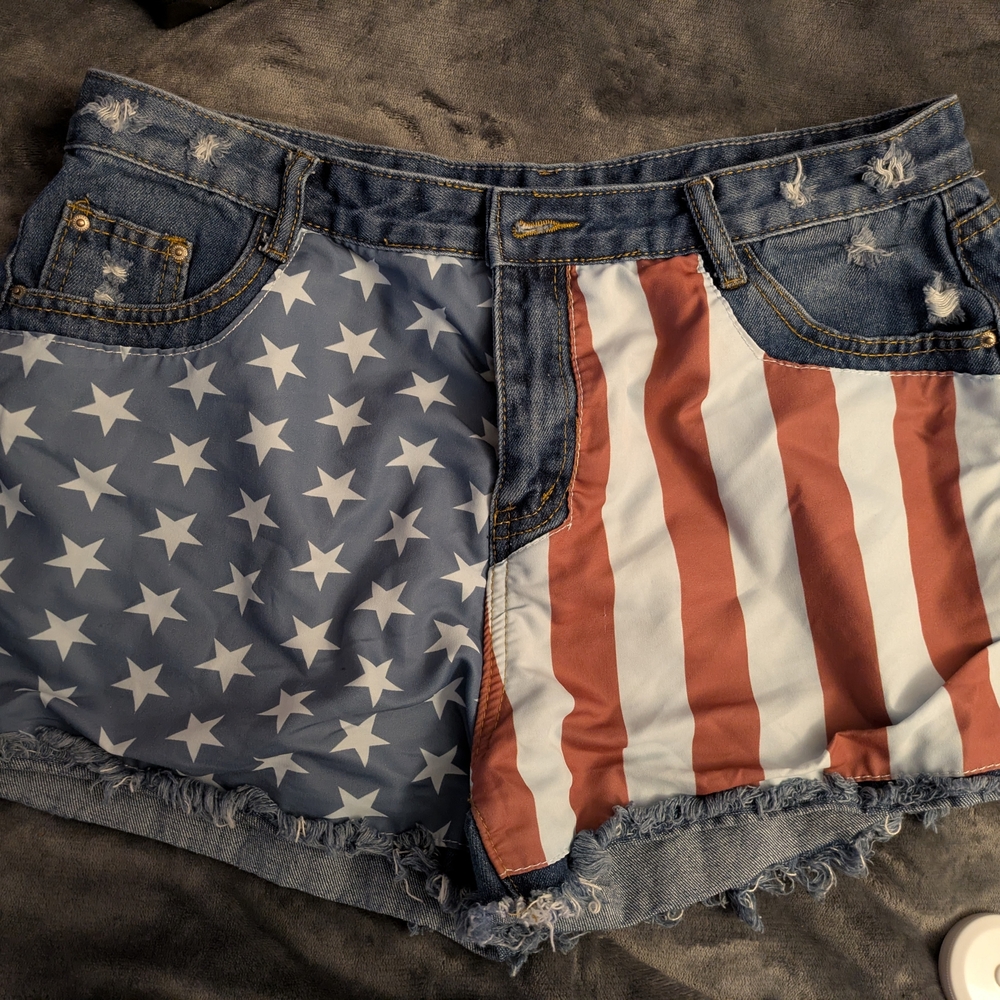 Patriotic Distressed Denim Jean Shorts - Blue/Red/White